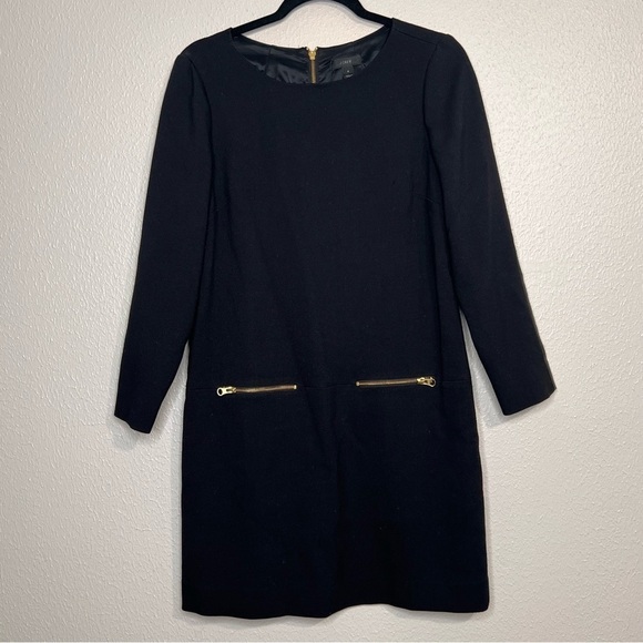 J. Crew Womens Size 4 Black Shift Dress Gold Zip Pockets Faux Leather Arm Patch - Picture 15 of 15